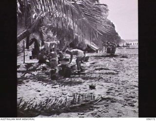 BRANDI, NEW GUINEA. 1945-09-07. PRIVATE W T LACEY, 35 INFANTRY BATTALION, DOING HIS WASHING UNDER A SPREADING PALM