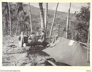 KIARIVU, NEW GUINEA, 1945-08-14. PRIVATE A.D. BENTLEY (1) AND PRIVATE J CECINI (2), MEMBERS OF C COMPANY, 2/7 INFANTRY BATTALION IN THEIR WEAPON PIT LOOKING OUT FOR JAPANESE TROOPS 100 YARDS DOWN ..