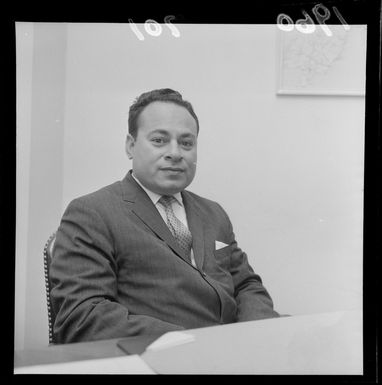 Portrait of Peter Tali Coleman, Governor of American Samoa, within an unknown building, probably Wellington Region