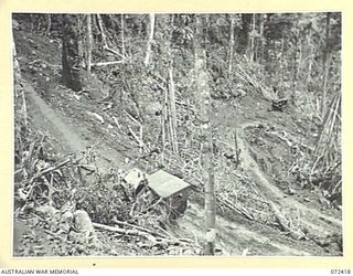 DUMPU AREA, NEW GUINEA. 1944-04-18. A JEEP DRIVEN BY A MEMBER OF THE 15TH FIELD COMPANY, ROYAL AUSTRALIAN ENGINEERS NEGOTIATING BENDS IN THE ROAD TOWARDS MORTAR RIDGE