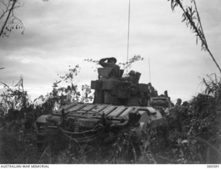 SATTELBERG AREA, NEW GUINEA. 1943-11-17. TANKS OF THE 1ST AUSTRALIAN ARMY TANK BATTALION LOADING UP PRIOR TO MOVING INTO ACTION