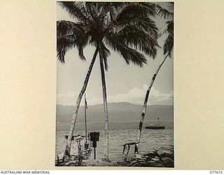 MALMAL VILLAGE, JACQUINOT BAY, NEW BRITAIN. 1944-12-21. VX27 MAJOR GENERAL A.H. RAMSAY, CB, DSO, ED, GOC, 5TH DIVISION AND HIS AIDE-DE-CAMP, NX54553 LIEUTENANT R.A. WHITNEY WALKINGOUT ALONG THE ..