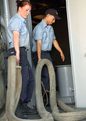 US Navy (USN) Sailors store mooring lines aboard the USN Nimitz Class Aircraft Carrier USS RONALD REAGAN (CVN 76) as their ship gets underway from Naval Station (NS) Pearl Harbor, Hawaii (HI), after a port visit. The REAGAN and Carrier Air Wing 14 (CVW-14) are completing a deployment in support of the Global War on Terrorism (GWOT) and Maritime Security Operations (MSO) in the Pacific Ocean