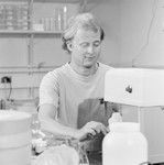 Michael Edward Huber, a Scripps Institution of Oceanography graduate student, conducts experiments in his lab. His 1983 Thesis (Ph.D.) was titled: Ethology and population biology of Trapezia, a xanthid crab symbiotic with reef corals : with special reference to territoriality and speciation. In 1988, Huber moved to the University of Papua New Guinea to study and dive on some of the world's most spectacular coral reefs. He served as Head of the University's marine research station on Motupore Island, and became increasingly interested in marine environmental science, especially with regard to reefs, mangroves, seagrass beds, and other tropical systems. This interest continued to grow during four years as Director of a marine research station on the Great Barrier Reef. November 3, 1980