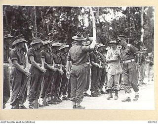 HONGORAI RIVER, BOUGAINVILLE, 1945-07-04. HIS ROYAL HIGHNESS, THE DUKE OF GLOUCESTER, GOVERNOR-GENERAL OF AUSTRALIA (1) ACCOMPANIED BY MAJOR-GENERAL W. BRIDGEFORD, GENERAL OFFICER COMMANDING 3 ..