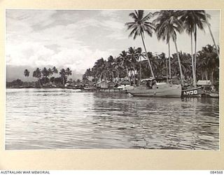 LAE AREA, NEW GUINEA. 1944-12-17. WATER FRONTAGE AT THE 12 SMALL SHIP COMPANY AREA ALONGSIDE HERZOG LAGOON