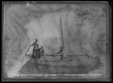 Lifeboat with three men on board, from the schooner 'Kaeo' which had been wrecked at Tuapa, Niue Island, 24 October 1923