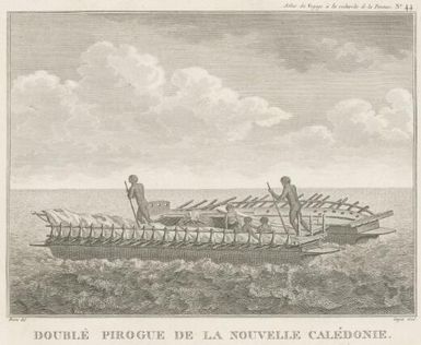 Double pirogue de la Nouvelle Calédonie : Catimarron du Cap de Diemen, Pirogue de L'Île de Ste. Croix / Piron delin. ; Copia sculp. ; Dien scripsit