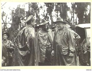 BOUGAINVILLE. 1945-03-25. GENERAL SIR THOMAS A. BLAMEY, COMMANDER-IN-CHIEF, ALLIED LAND FORCES, SOUTH WEST PACIFIC AREA (1), SPEAKING WITH BRIGADIER J.R. STEVENSON, COMMANDER 11 INFANTRY BRIGADE ..