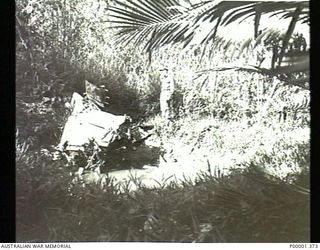 NEW BRITAIN, 1945-09. PORTION OF A WRECKED AIRCRAFT ON THE GAZELLE PENINSULA. (RNZAF OFFICIAL PHOTOGRAPH.)