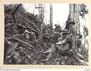 WEWAK AREA, NEW GUINEA. 1945-06-27. MEMBERS OF COMPANY HEADQUARTERS, C COMPANY, 2/8 INFANTRY BATTALION TAKING SHELTER ON THE HILLSIDE DURING THE ACTION ON MOUNT SHIBURANGU. IDENTIFIED PERSONNEL ..