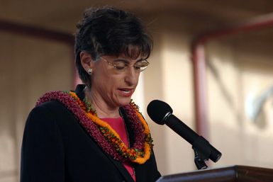 The Honorable Linda Lingle, Governor of Hawaii, gives a speech during the dedication ceremony of the newly built Nimitz-MacArthur Pacific Command Center (NMPCC) at Camp H. M. Smith, Hawaii, Apr. 14, 2004. The new center is named in honor of Adm. Chester Nimitz and U.S. Army Douglas MacArthur and is one of the nation's premier facilities for Command, Control, Communications, Computers and Intelligence (C4I) systems. (U.S. Marine Corps photo by Lance CPL. JonDior Ferrell) (Released)