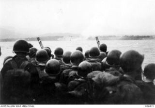 Saidor, New Guinea. 2 January 1944. United States troops in the first wave of the sea-borne invasion of Saidor, approach the shore after heavy naval bombardment of enemy positions