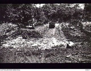 DREGER HARBOUR, NEW GUINEA. 1943-11-02. A BULLDOZER OF THE 808TH UNITED STATES ENGINEER AVIATION BATTALION WORKING ON ROAD CONSTRUCTION TO LINK UP THE NEW AIRSTRIP WITH THE COAST. NOTE THE JEEP ON ..