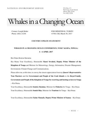Cook Islands Statement at the Whales in a Changing Ocean Conference, Vava'u, Tonga, for Minister K. Turepu