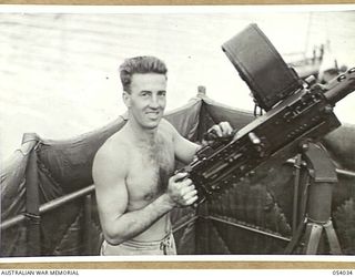 KWIARA, CHINA STRAITS, 1943-07-03. THE AB-20. (EX GEORGE PEAT) OF THE 1ST AUSTRALIAN WATER TRANSPORT GROUP (SMALL CRAFT). THIS SHIP RUNS SUPPLIES TO ORO BAY, GOODENOUGH ISLAND AND OTHER ISOLATED ..