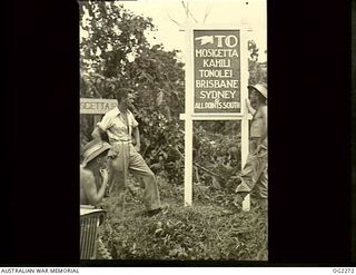 NEAR TOROKINA, BOUGAINVILLE ISLAND, SOLOMON ISLANDS. C. 1945-02-23. 118510 LEADING AIRCRAFTMAN (LAC) S. K. SMITH, NORTH MELBOURNE, VIC, 88789 LAC L. WILLIAMS, SCOTTSDALE, TAS, AND 14733 CORPORAL L. ..