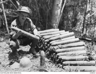 PAPUA, NEW GUINEA. 1942-10. A JAPANESE MOUNTAIN GUN SHELL DUMP, FOUND ON IORIBAIWA RIDGE AFTER THE JAPS HAD BEEN DRIVEN FROM THE RIDGE