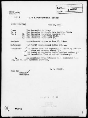 PORTERFIELD - AA Act Rep, 6/17/44, East of Saipan Island, Marianas