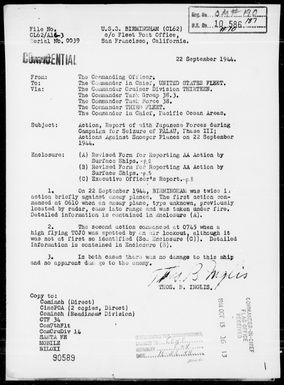 USS BIRMINGHAM - Rep of AA Acts off the Palau Is on 9/22/44