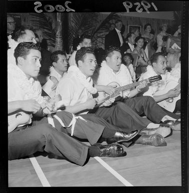 A Hawaiian musical group performing at Lower Hutt Plunket Society's Hawaiian Island Ball