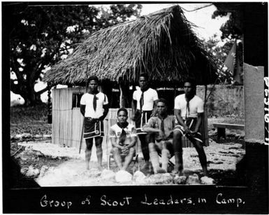 Group of scout leaders in camp, Nauru, approximately 1930s