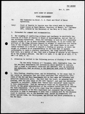 Kimmel, Husband E., Reports: Navy Court of Inquiry, Pearl Harbor Report, August 29, 1945