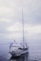 French Polynesia, 'Nomad' sailboat anchored off shore of Tahiti Island