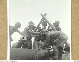 HANABADA, NEW GUINEA, 1943-10-23. MEMBERS OF THE 14TH AUSTRALIAN FIELD COMPANY, ROYAL AUSTRALIAN ENGINEERS ASSISTED BY NATIVE LABOURERS, CONSTRUCTING A NEW OIL PIPELINE FROM THE JETTY TO THE OIL ..