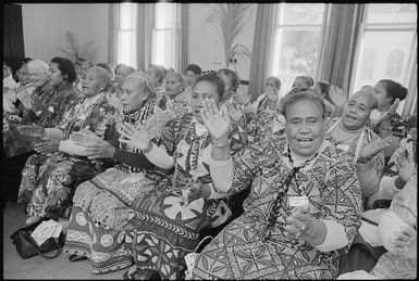 Members of the Western Samoan National Council of Women performing songs at a reception in Wellington