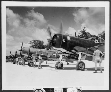 Royal New Zealand Air Force Vought F4U Corsair aircraft, Espirito Santo, Guadalcanal, Solomon Islands, during World War II