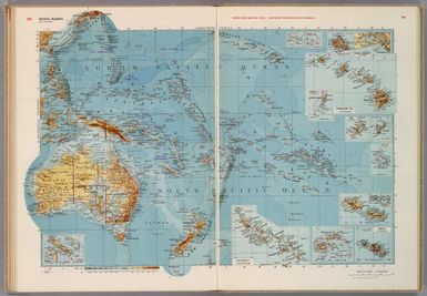 Pacific Islands and Australia. (insets) (New Caledonia, Hawaiian Islands, Solomon Islands, Fiji, Tahiti, Samoa, Jaluit, Yap, Palau, Midway, Wake, Pearl Harbor, and Oahu).