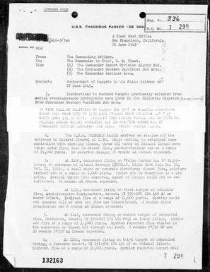 USS THADDEUS PARKER - Rep of bombardment of targets in the Palau Island Area, 6/27/45