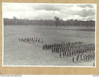 WONDECLA, QLD. 1944-04-15. A SECTION OF THE PARADE OF THE 2/1ST INFANTRY BATTALION, AT THE "SLOPE" ON THE HERBERTON RACECOURSE