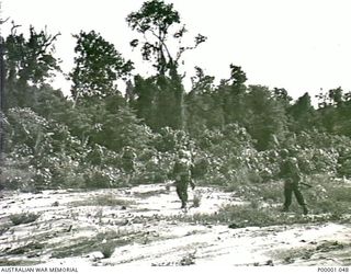 THE SOLOMON ISLANDS, 1945-01-13. TROOPS ENTERING JUNGLE AFTER DISEMBARKING FROM LANDING CRAFT ON A BOUGAINVILLE ISLAND BEACH. (RNZAF OFFICIAL PHOTOGRAPH.)