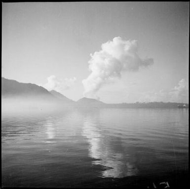 Twin plumes of smoke reflected in the harbour, Rabaul Harbour, New Guinea, 1937 / Sarah Chinnery