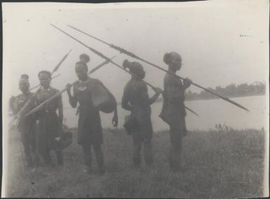 Five men holding spears, Ramu River, New Guinea, 1935 / Sarah Chinnery