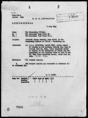 USS LEXINGTON - CAG 16 ACA Reps of Attacks on Marianas 6/11-19/44 In Support of the Occupation of Saipan & The Engagement With Jap Fleet on 6/19&20/44