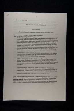 Water lecture: Rights to water in Oceania. Notes for lecture for Kagoshima Fisheries students.