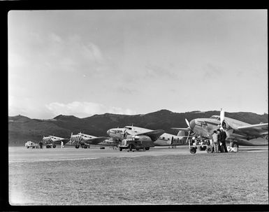 Aircrafts lined up for refueling and loading of luggage, Rongotai Airport, Wellington