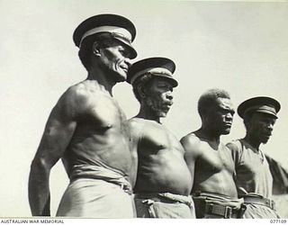 LAE, NEW GUINEA. 1944-11-27. LULUAIS OR NATIVE HEADMEN. THESE MEN ARE THE HEREDITARY LEADERS OF THE VILLAGES. IN THIS VILLAGE, BUTIBUM, THEY ARE ALL OLD MEN WHO HAVE ON THEIR BODIES SCARS WHICH ..