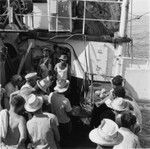 Palmerston Island locals aboard research ship during stopover, Cook Islands