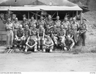 PORT MORESBY, NEW GUINEA. 1944-04-28. SENIOR NCOS OF THE 2/101ST GENERAL TRANSPORT COMPANY OUTSIDE THE UNIT SERGEANTS' MESS. IDENTIFIED PERSONNEL ARE:- NX29968 SERGEANT R. J. GARVEN (1); NX18567 ..