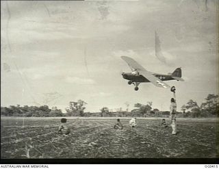 NEW GUINEA. 1943-12-22. TWO RAAF MEN AND THREE NATIVES (FUZZY-WUZZIES) AT WORK IN A THREE-ACRE PATCH OF CUCUMBERS ARE SURPRISED BY A PLANE WHICH COMES DOWN FOR A CLOSER INSPECTION