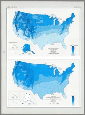 Mean annual snowfall / adapted from a 1:10,000,000-scale map by Environmental Data Service, Environmental Science Services Administration records for the period 1931-1952 -- Mean annual number of days with snowfall one inch or more / compiled by Environmental Data Service, Environmental Science Services Administration for the period 1931-1965.