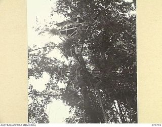 LAE, NEW GUINEA, 1944-03-27. THE BATTERY OBSERVATION POST AT N HEAVY BATTERY, ROYAL AUSTRALIAN ARTILLERY ATTACHED TO HEADQUARTERS LAE BASE SUB-AREA BUILT AT A HEIGHT OF 100 FEET ABOVE THE COAST. ..