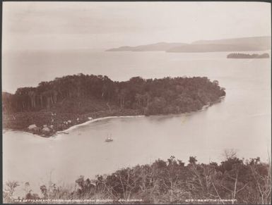 The village on Mara-na-tabu, viewed from Bugotu, Solomon Islands, 1906 / J.W. Beattie