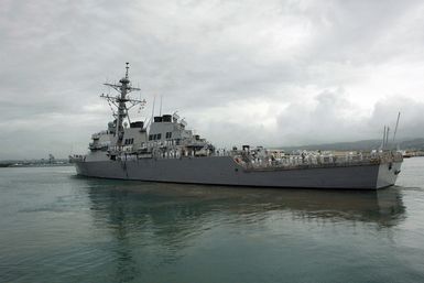 The US Navy (USN) the Arleigh Burke Class Guided-missile Destroyer USS DONALD COOK (DDG 59) departs Pearl Harbor, Hawaii (HI), for a scheduled six-month deployment