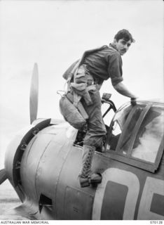 GUSAP, RAMU VALLEY, NEW GUINEA. 1944-01-02. 405747 FLYING OFFICER D. LEE-WARNER OF "A" FLIGHT NO. 4 (TACTICAL RECONNAISSANCE) SQUADRON, LEAVING ON A "RECONNAISSANCE" FLIGHT. THESE FLIGHTS GREATLY ..