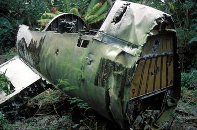 Side view of the wreckage of a World War II F4U Corsair fighter aircraft that crashed on approach to the Orote Airfield main runway in 1944. The site is along the Guam Historical Trail about 320 meters south of the main runway